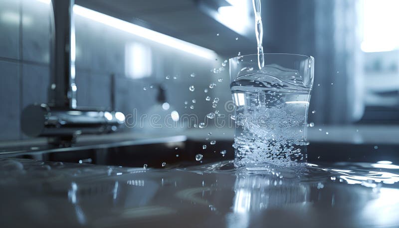 Sistem modern de filtrare a apei, elegant, instalat sub un chiuvetă de bucătărie, cu apă cristalină care curge dintr-un robinet stock images