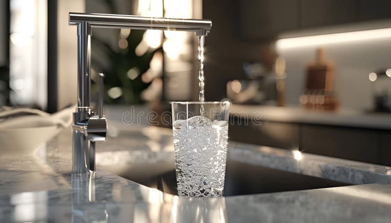 Sistem modern de filtrare a apei, elegant, instalat sub un chiuvetă de bucătărie, cu apă cristalină care curge dintr-un robinet royalty free stock photo