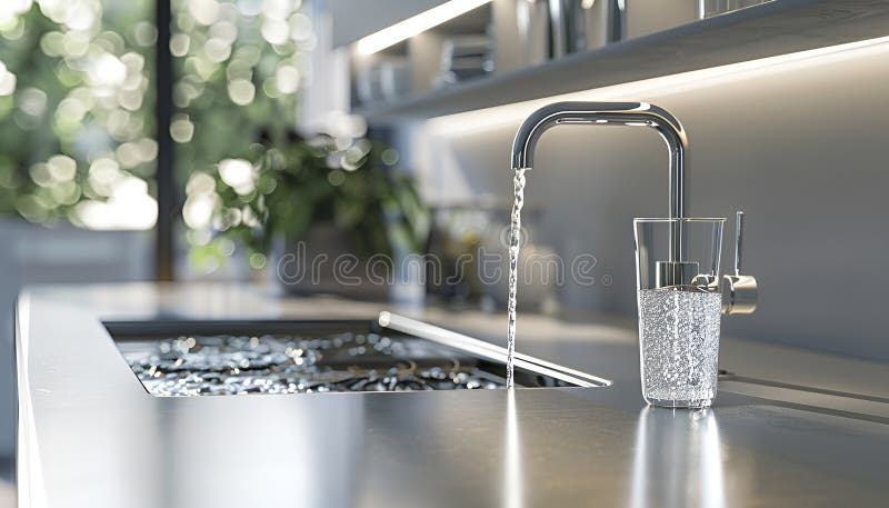 Sistem modern de filtrare a apei, elegant, instalat sub un chiuvetă de bucătărie, cu apă cristalină care curge dintr-un robinet royalty free stock image