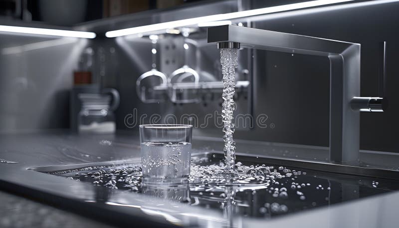 Sistem modern de filtrare a apei, elegant, instalat sub un chiuvetă de bucătărie, cu apă cristalină care curge dintr-un robinet royalty free stock image