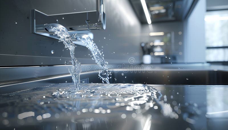 Sistem modern de filtrare a apei, elegant, instalat sub un chiuvetă de bucătărie, cu apă cristalină care curge dintr-un robinet royalty free stock photo