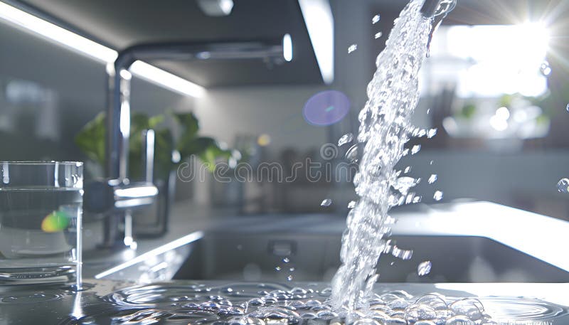 Sistem modern de filtrare a apei, elegant, instalat sub un chiuvetă de bucătărie, cu apă cristalină care curge dintr-un robinet stock photography