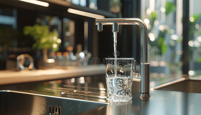 Sistem modern de filtrare a apei, elegant, instalat sub un chiuvetă de bucătărie, cu apă cristalină care curge dintr-un robinet stock images