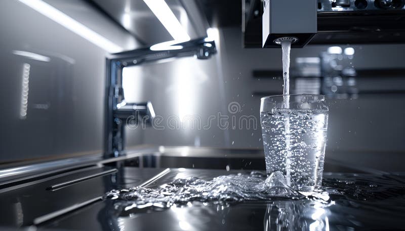 Sistem modern de filtrare a apei, elegant, instalat sub un chiuvetă de bucătărie, cu apă cristalină care curge dintr-un robinet royalty free stock image