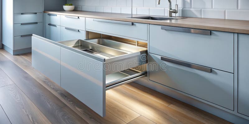 Sistem modern de sertare de bucătărie cu design elegant și iluminat integrat. stock illustration