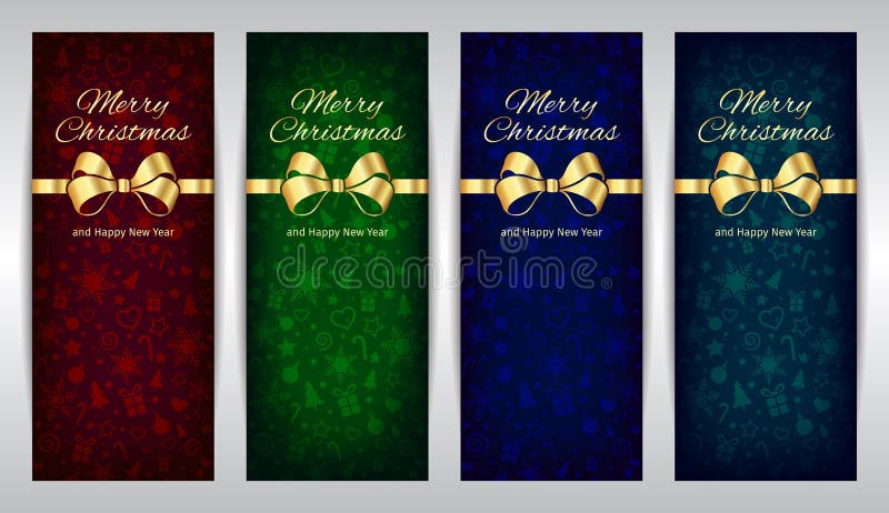 Sistema azulverde rojo de la Feliz Navidad y de la Feliz Año Nuevo de fondo oscuro de las banderas verticales del vector con la c stock de ilustración