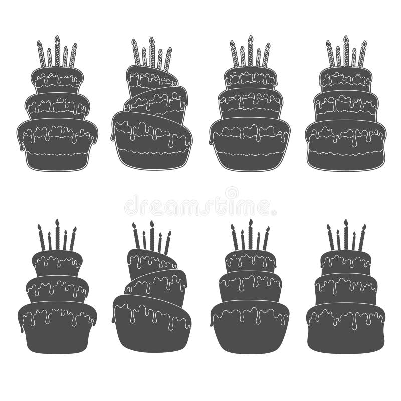 Sistema blanco y negro de ejemplos con una torta de cumpleaños Objetos aislados del vector ilustración del vector