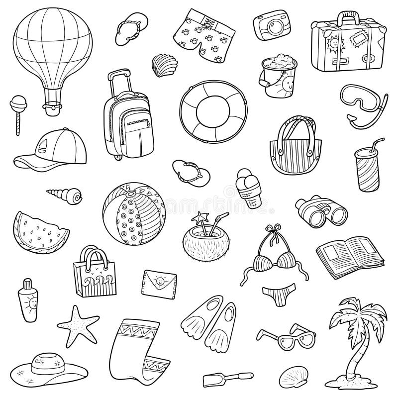 Sistema blanco y negro de la historieta de objetos del verano stock de ilustración Sistema blanco y negro de la historieta de objetos del verano stock de ilustración