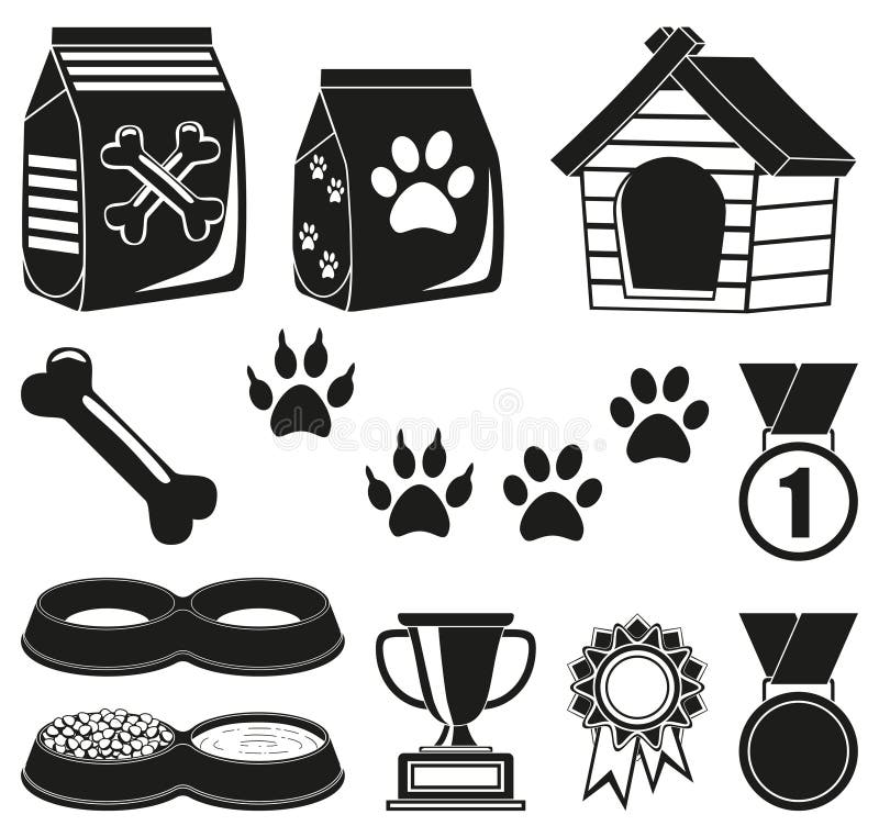 12 black and white pet care elements silhouette set. Simple supply for domestic animal. Cats and dogs themed vector illustration for icon, sticker, patch, badge, certificate or gift card decoration. 12 black and white pet care elements silhouette set. Simple supply for domestic animal. Cats and dogs themed vector illustration for icon, sticker, patch, badge, certificate or gift card decoration