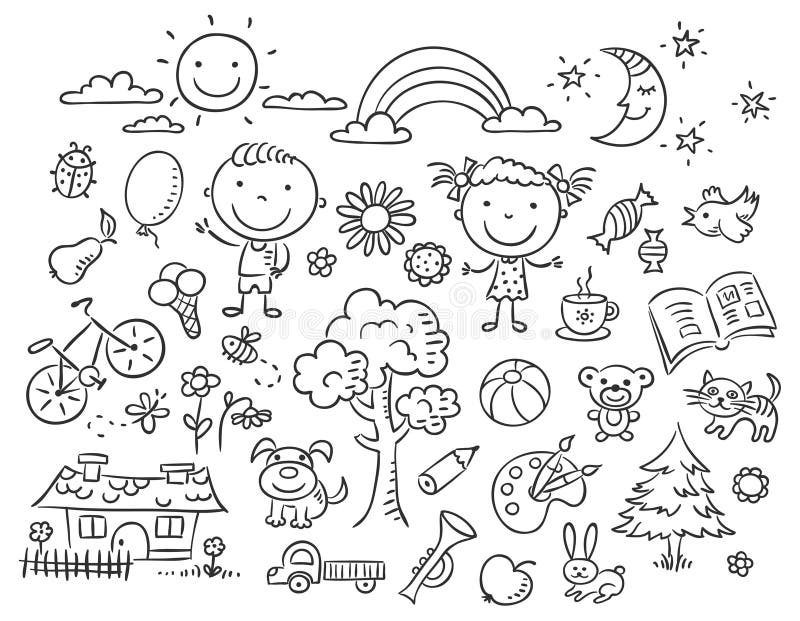 Doodle set of objects from a child's life, black and white outline. Doodle set of objects from a child's life, black and white outline
