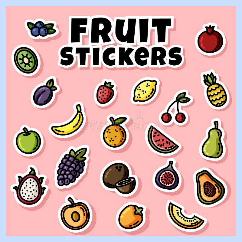 Sistema colorido de las etiquetas engomadas de la fruta Colección de etiquetas planas de la fruta stock de ilustración Sistema colorido de las etiquetas engomadas de la fruta Colección de etiquetas planas de la fruta stock de ilustración