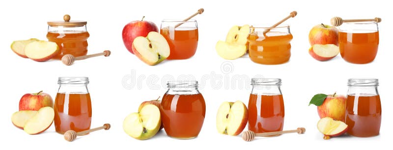 Set with cut apples and honey on white background. Set with cut apples and honey on white background