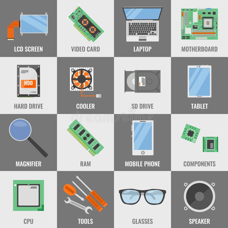 Square computer service icon set with descriptions of lcd screen video card laptop motherboard hard drive cooler tablet glasses and different vector illustration. Square computer service icon set with descriptions of lcd screen video card laptop motherboard hard drive cooler tablet glasses and different vector illustration