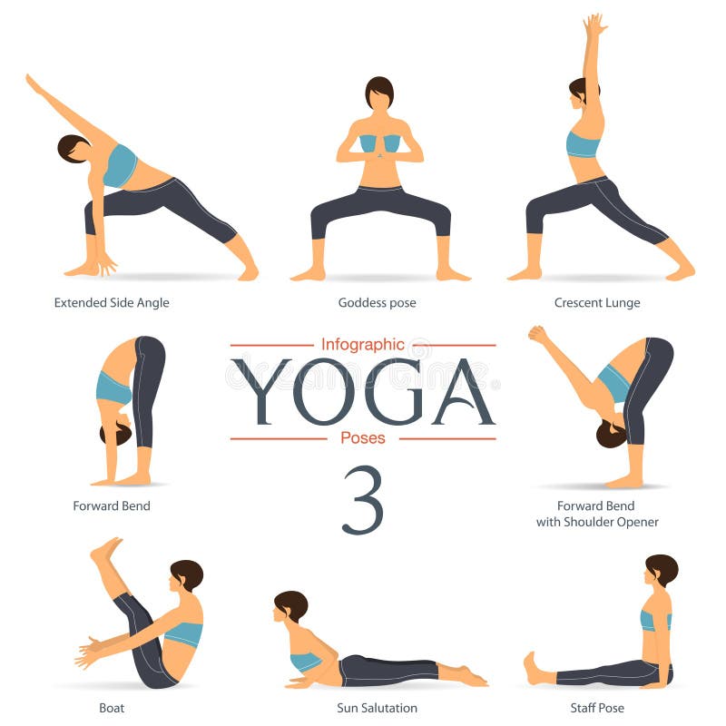 Sistema De 8 Actitudes De La Yoga En Diseño Plano La Mujer Figura Ejercicio  En Camisa Azul Y Los Pantalones Negros De La Yoga Par Ilustración del Vector  - Ilustración de belleza