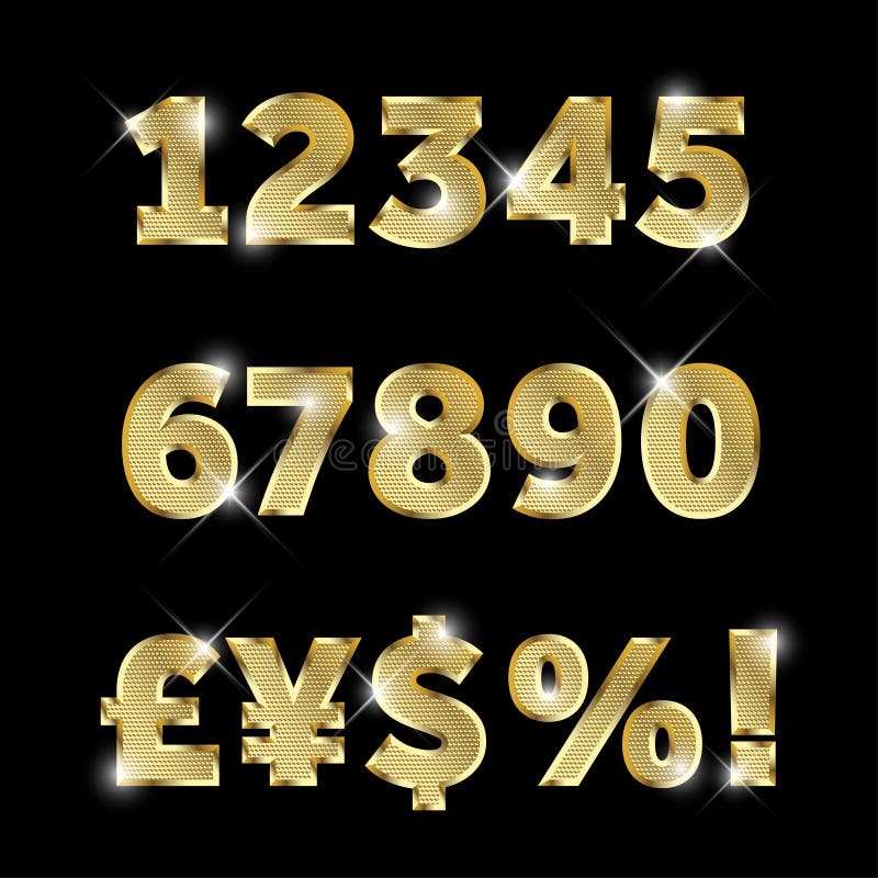 Gold glittering metal alphabet set of numbers and currency signs. Gold glittering metal alphabet set of numbers and currency signs.