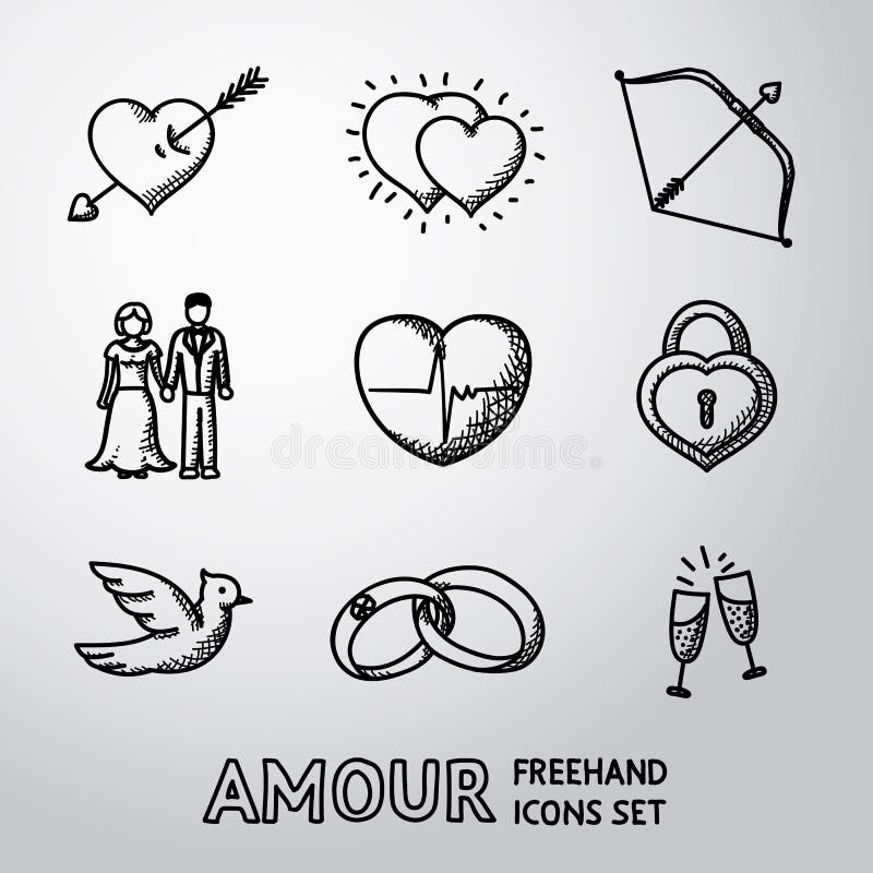 Sistema de amor handdrawn, iconos del amorío - corazón con