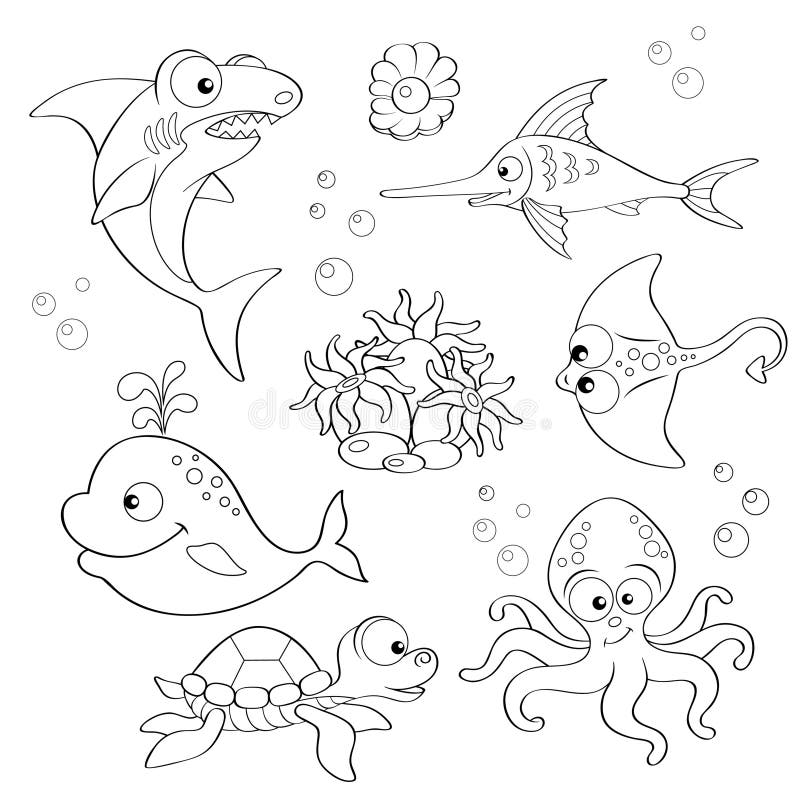 Set of cute cartoon sea animals. Black and white vector illustration for coloring book. Set of cute cartoon sea animals. Black and white vector illustration for coloring book