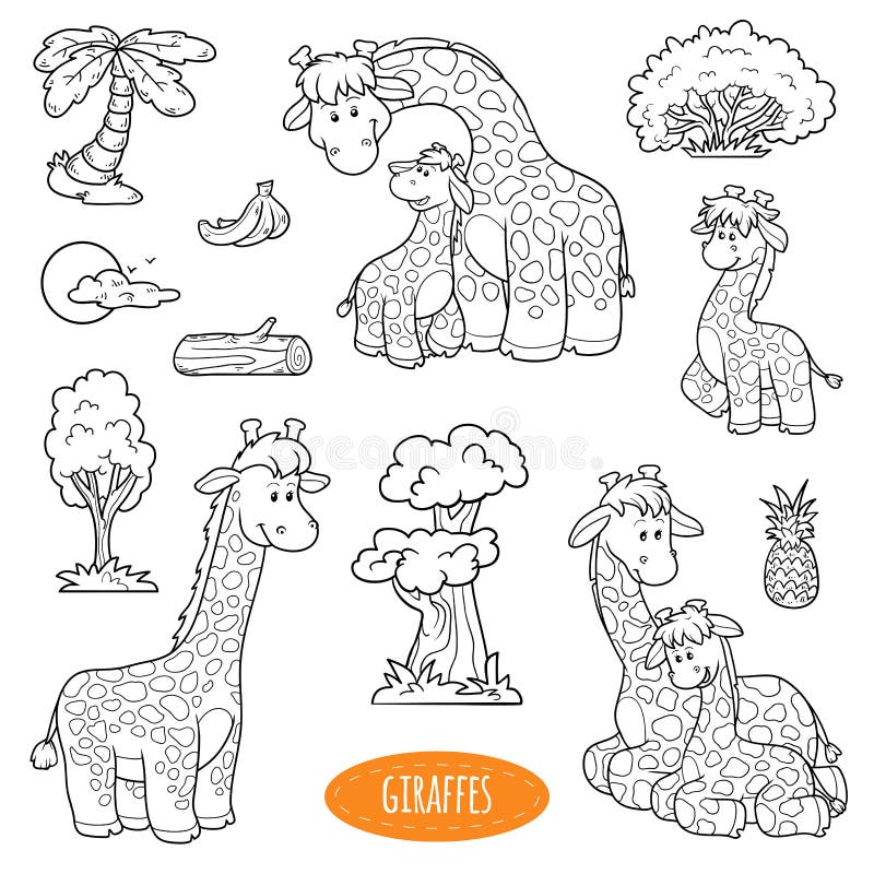 Colorless set of cute farm animals and objects, vector family of giraffes. Colorless set of cute farm animals and objects, vector family of giraffes