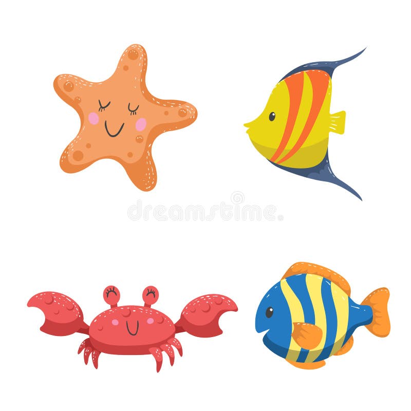 Sistema de animales tropicales del mar y del océano La estrella de mar, el cangrejo y diverso trópico del color pesca ilustración del vector