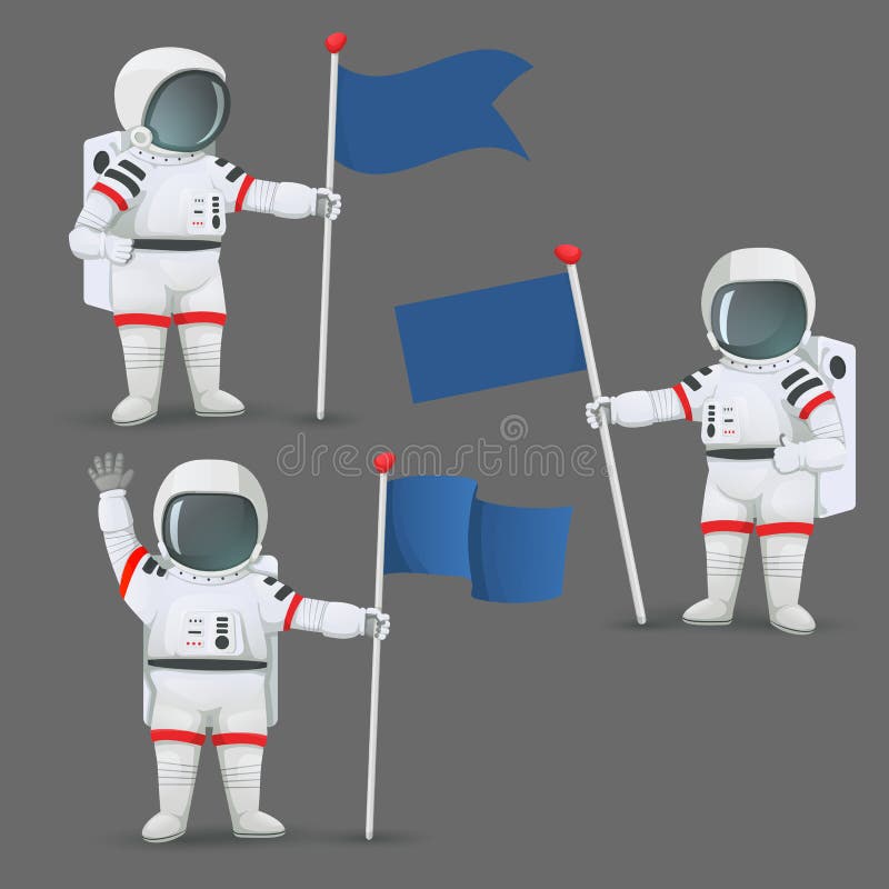 Sistema de astronautas con diversos gestos que colocan y que sostienen banderas ilustración del vector Sistema de astronautas con diversos gestos que colocan y que sostienen banderas ilustración del vector