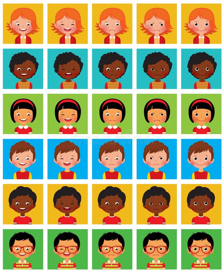 Sistema de avatares estilizados con diversas emociones faciales stock de ilustración Sistema de avatares estilizados con diversas emociones faciales stock de ilustración