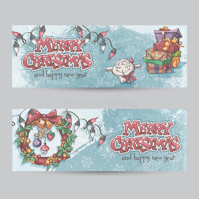 Sistema de banderas horizontales de la Navidad con la imagen de un cordero, de regalos y de guirnaldas de la Navidad libre illustration Sistema de banderas horizontales de la Navidad con la imagen de un cordero, de regalos y de guirnaldas de la Navidad libre illustration