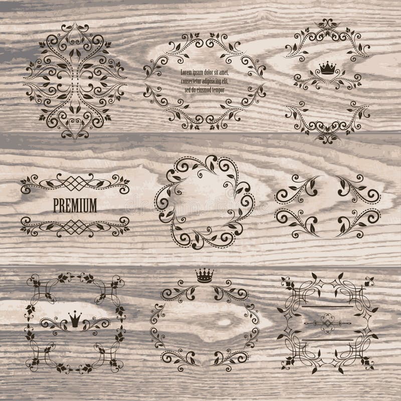 Sistema de bastidores ornamentales con las coronas en textura de madera natural libre illustration Sistema de bastidores ornamentales con las coronas en textura de madera natural libre illustration