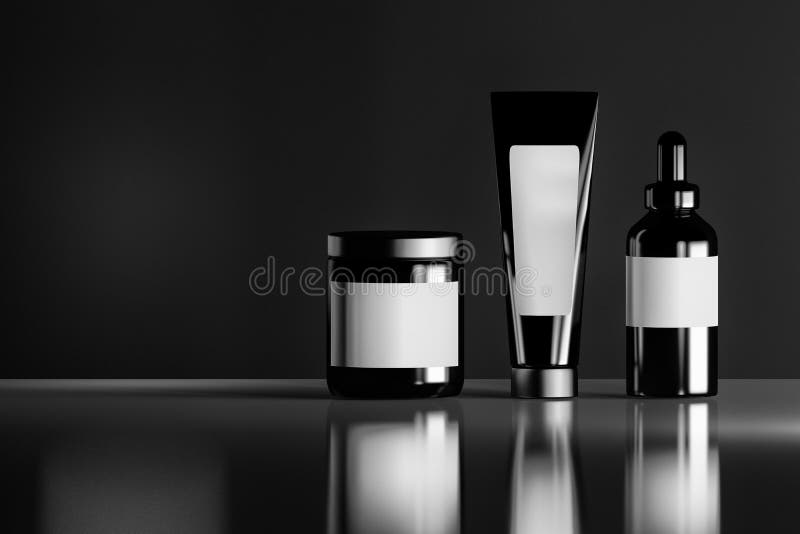 Sistema de botellas cosméticas negras con las etiquetas en blanco blancas en el fondo brillante reflexivo libre illustration Sistema de botellas cosméticas negras con las etiquetas en blanco blancas en el fondo brillante reflexivo libre illustration