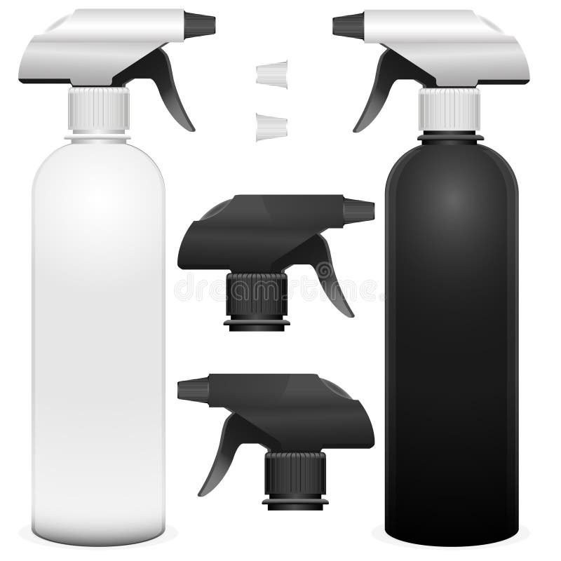 Sistema de botellas del espray con los detalies Ejemplo realista del vector del espray de la pistola con el mocup de la bomba en stock de ilustración Sistema de botellas del espray con los detalies Ejemplo realista del vector del espray de la pistola con el mocup de la bomba en stock de ilustración