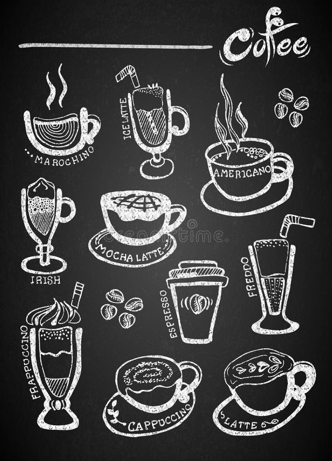  Sistema De Café Del Dibujo De La Mano De La Tiza En La Pizarra Ilustración del Vector
