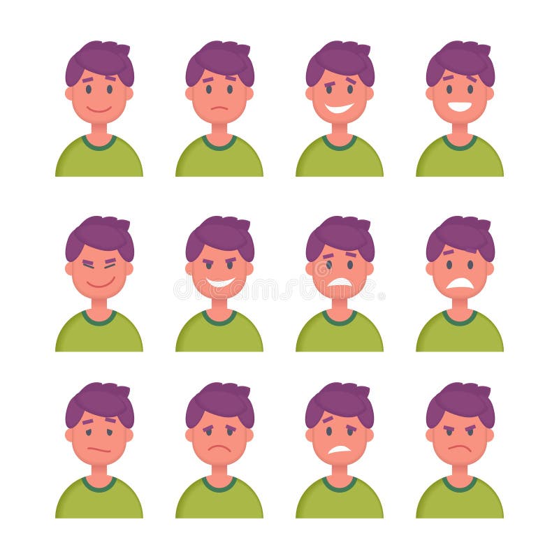 Sistema De Caras Del Personaje De Dibujos Animados Con Diversas Emociones  Vector Ilustración del Vector - Ilustración de feliz, avatar: 85681026