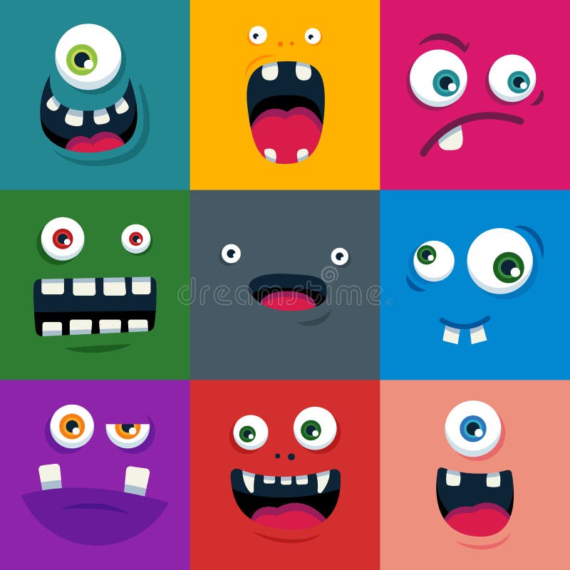 Sistema de caras lindas del monstruo de la historieta Ejemplo plano del vector ilustración del vector Sistema de caras lindas del monstruo de la historieta Ejemplo plano del vector ilustración del vector