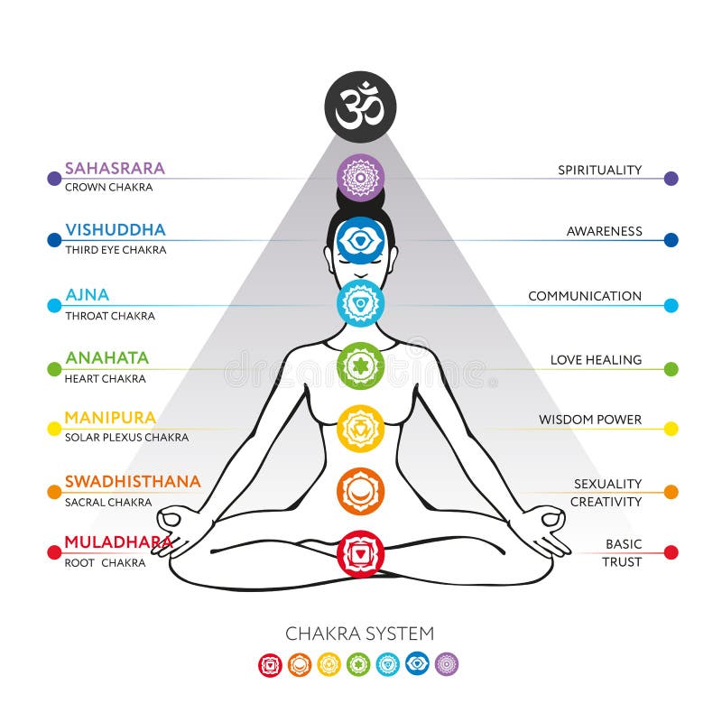 Chakras system of human body - used in Hinduism, Buddhism and Ayurveda. For design, associated with yoga - poster, banner. Vector Sahasrara, Ajna, Vishuddha, Anahata, Manipura, Swadhisthana, Muladhara. Chakras system of human body - used in Hinduism, Buddhism and Ayurveda. For design, associated with yoga - poster, banner. Vector Sahasrara, Ajna, Vishuddha, Anahata, Manipura, Swadhisthana, Muladhara