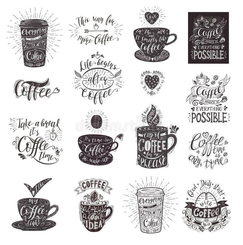 Sistema de citas del café con una taza Letras a mano del vector ilustración del vector Sistema de citas del café con una taza Letras a mano del vector ilustración del vector