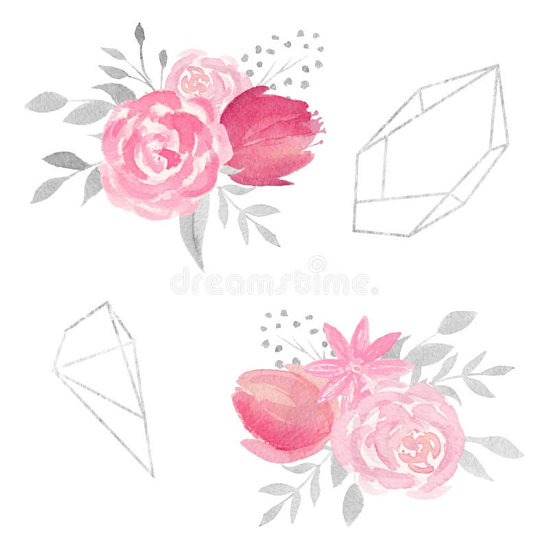 Sistema de composición floral de la acuarela con las rosas, las flores, las hojas, y los marcos poligonales ilustración del vector Sistema de composición floral de la acuarela con las rosas, las flores, las hojas, y los marcos poligonales ilustración del vector