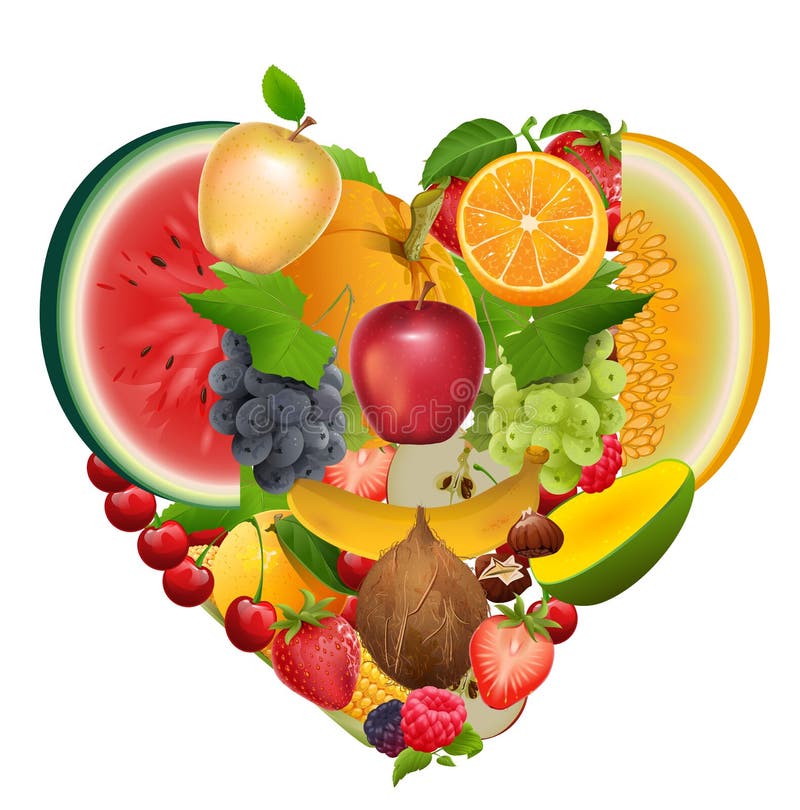 Sistema de corazón de la forma de la fruta Manzana sana de la comida, uvas, melón, sandía, baya, frambuesa, fresa, cereza dulce stock de ilustración Sistema de corazón de la forma de la fruta Manzana sana de la comida, uvas, melón, sandía, baya, frambuesa, fresa, cereza dulce stock de ilustración