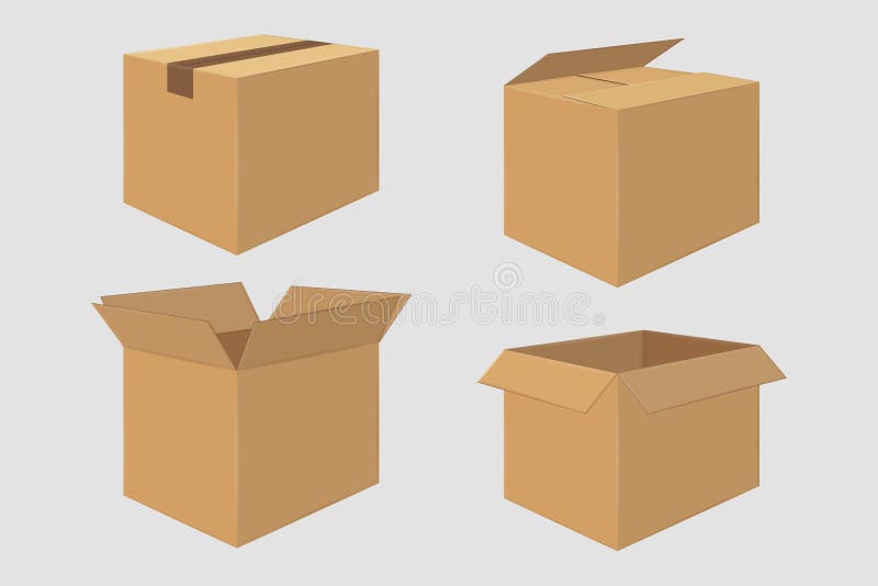 Set of Four Cardboard Boxes. Open and Closed Box. Side View. Package Design. Isolated on White. Set of Four Cardboard Boxes. Open and Closed Box. Side View. Package Design. Isolated on White