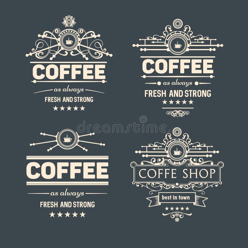 Sistema de cuatro insignias y etiquetas de moda del café del vector ilustración del vector Sistema de cuatro insignias y etiquetas de moda del café del vector ilustración del vector