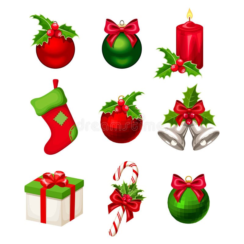 Sistema de decoraciones rojas y verdes de la Navidad Ilustración del vector stock de ilustración