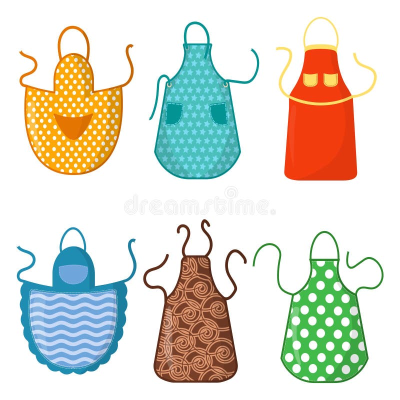 Sistema de delantales coloridos de la cocina con los iconos de los modelos aislados en el fondo blanco Ropa protectora Cocinar el libre illustration Sistema de delantales coloridos de la cocina con los iconos de los modelos aislados en el fondo blanco Ropa protectora Cocinar el libre illustration