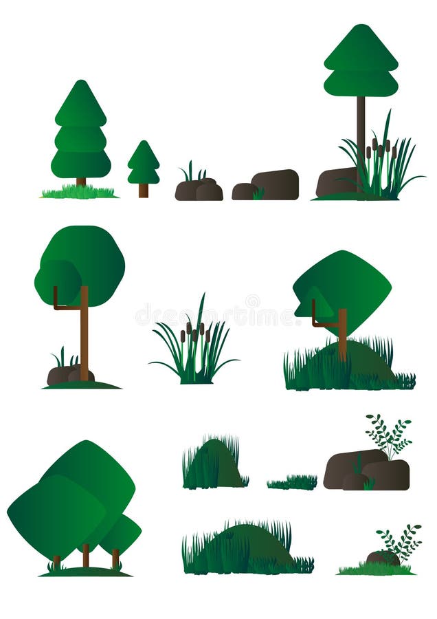 Sistema de diversa flora de la historieta, plantas de pantano en diseño plano, arbustos, árboles, rocas Videojuego stock de ilustración Sistema de diversa flora de la historieta, plantas de pantano en diseño plano, arbustos, árboles, rocas Videojuego stock de ilustración