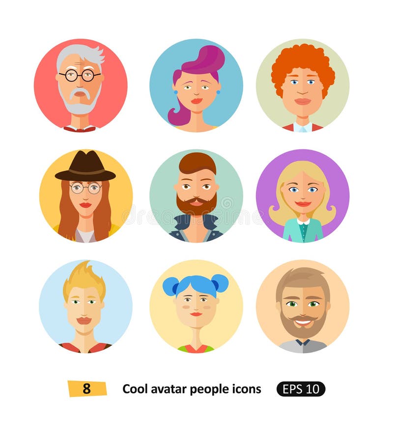 Sistema de diversa ropa de los iconos planos frescos de los avatares, tonos y estilos de pelo modernos y estilo plano simple de l ilustración del vector Sistema de diversa ropa de los iconos planos frescos de los avatares, tonos y estilos de pelo modernos y estilo plano simple de l ilustración del vector