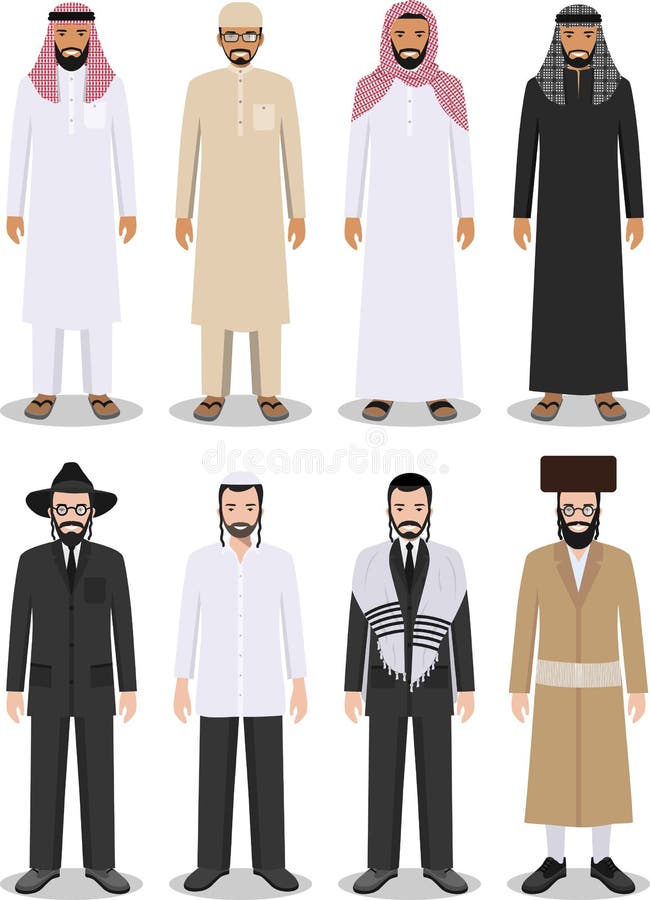 Sistema De Diverso árabe Derecho Y De Hombres Judíos En La Ropa Tradicional  En El Fondo Blanco En Estilo Plano Ilustración del Vector - Ilustración de  familia, padre: 80446749
