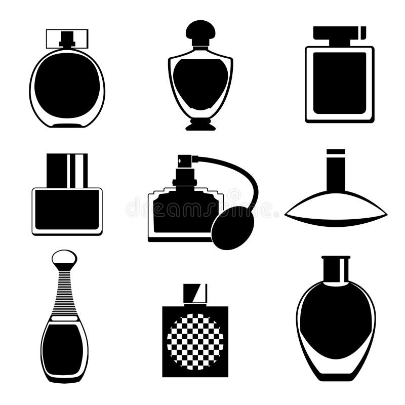 Sistema de diverso tipo de botellas del parfume stock de ilustración Sistema de diverso tipo de botellas del parfume stock de ilustración