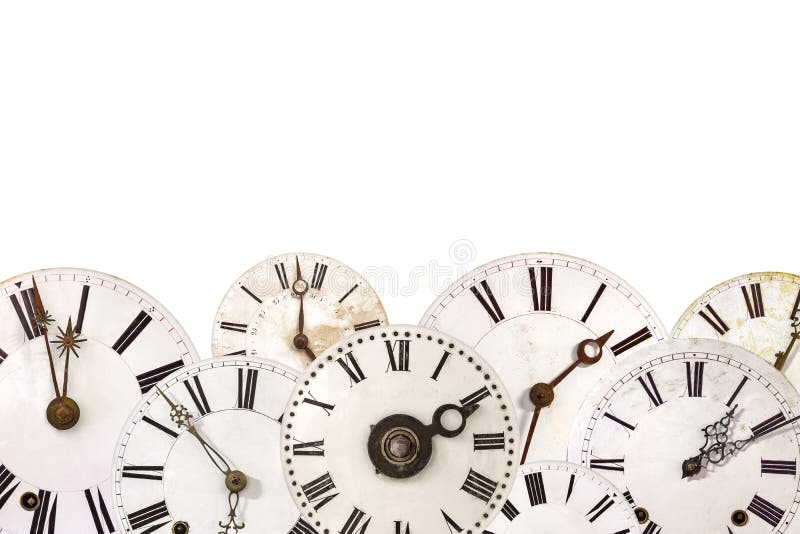 Sistema de diversos relojes del vintage aislados en blanco imagenes de archivo