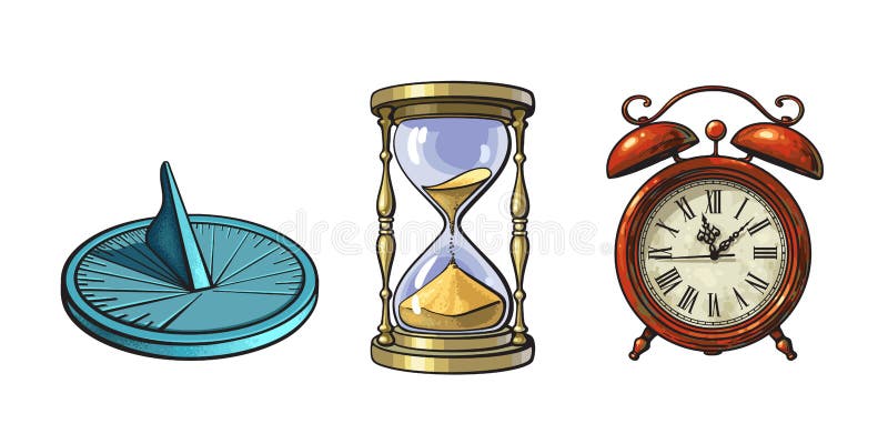 Sistema de diversos relojes viejos Reloj de sol, reloj de arena, despertador Ejemplo dibujado mano del vector en estilo del vinta stock de ilustración Sistema de diversos relojes viejos Reloj de sol, reloj de arena, despertador Ejemplo dibujado mano del vector en estilo del vinta stock de ilustración