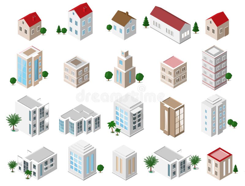 Sistema de edificios isométricos detallados de la ciudad 3d: casas privadas, rascacielos, propiedades inmobiliarias, edificios pú