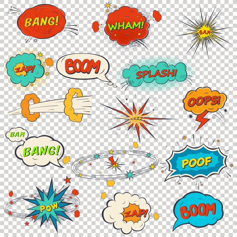 Sistema de efectos sonoros cómicos multicolores stock de ilustración Sistema de efectos sonoros cómicos multicolores stock de ilustración