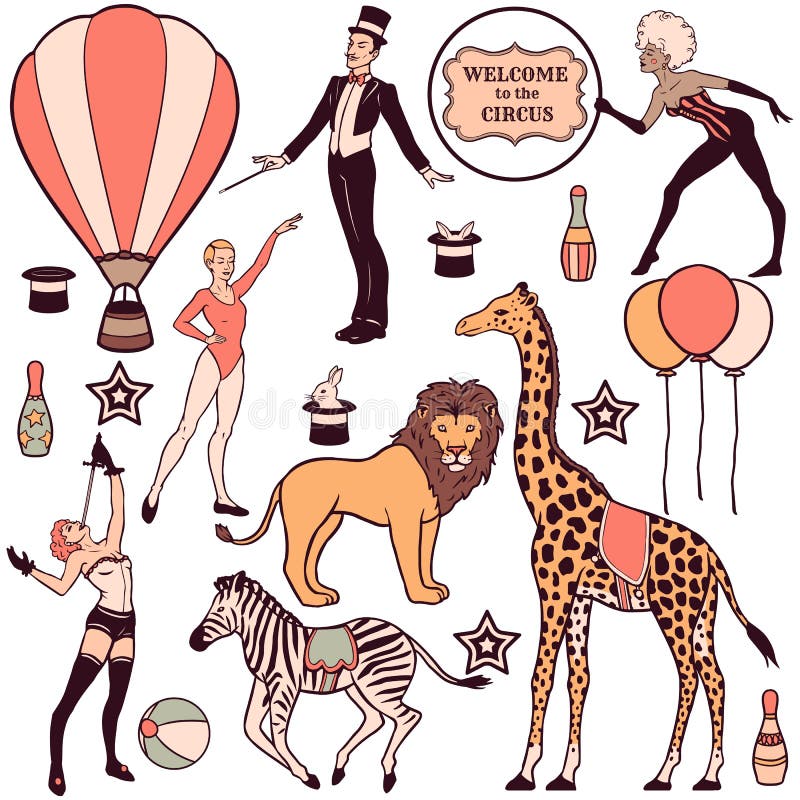Sistema de elementos, de gente, de animales y de decoraciones del circo libre illustration Sistema de elementos, de gente, de animales y de decoraciones del circo libre illustration