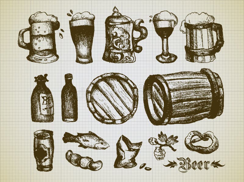 Set of beer elements hand drawing, this illustration may be useful as designer work. Set of beer elements hand drawing, this illustration may be useful as designer work